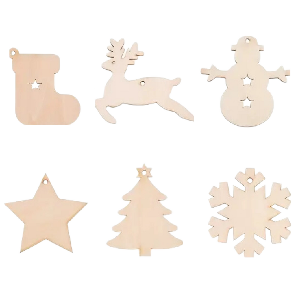 6 wooden holiday theme ornaments