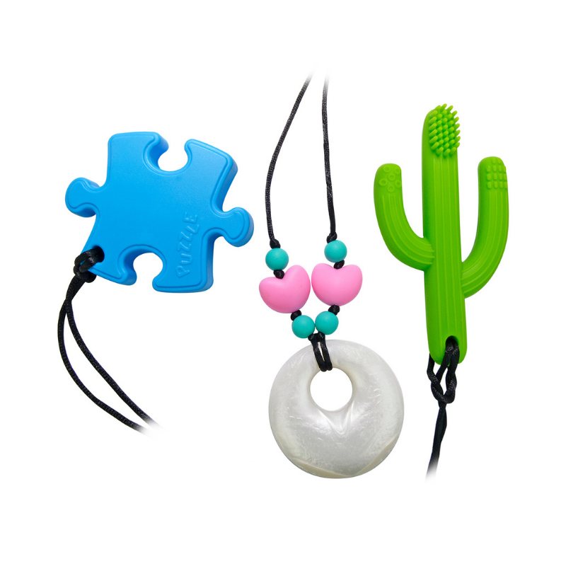 silicone teether bundle, puzzle piece teether, heart necklace silicone, cactus toothbrush