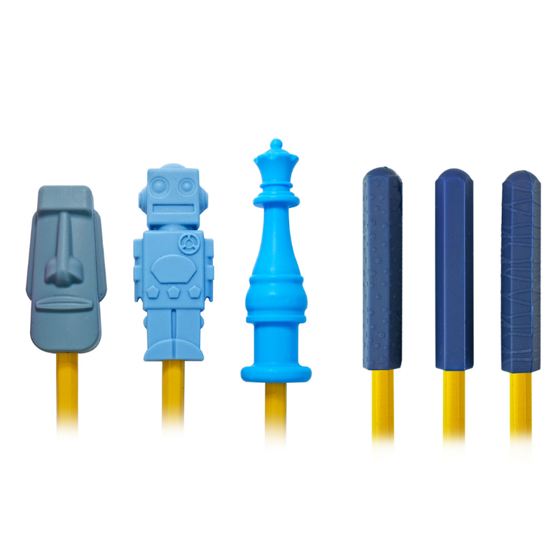 silicone pencil toppers on pencils, giant head, robot, chess piece, chewberz