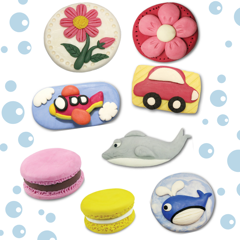 flowers, airplane, cars, shark, whale, yellow and pink macaroon shaped soaps