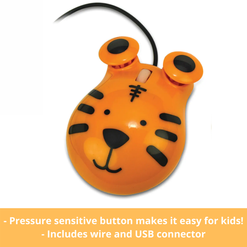 tiger shaped computer mouse text reads pressure sensitive button makes it easy for kids, incldues wire and usb connector