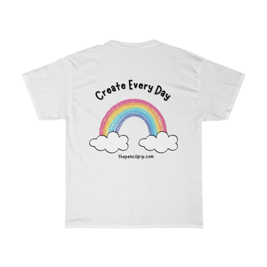 create everyday white t-shirt with rainbow and thepencilgrip.com on back 