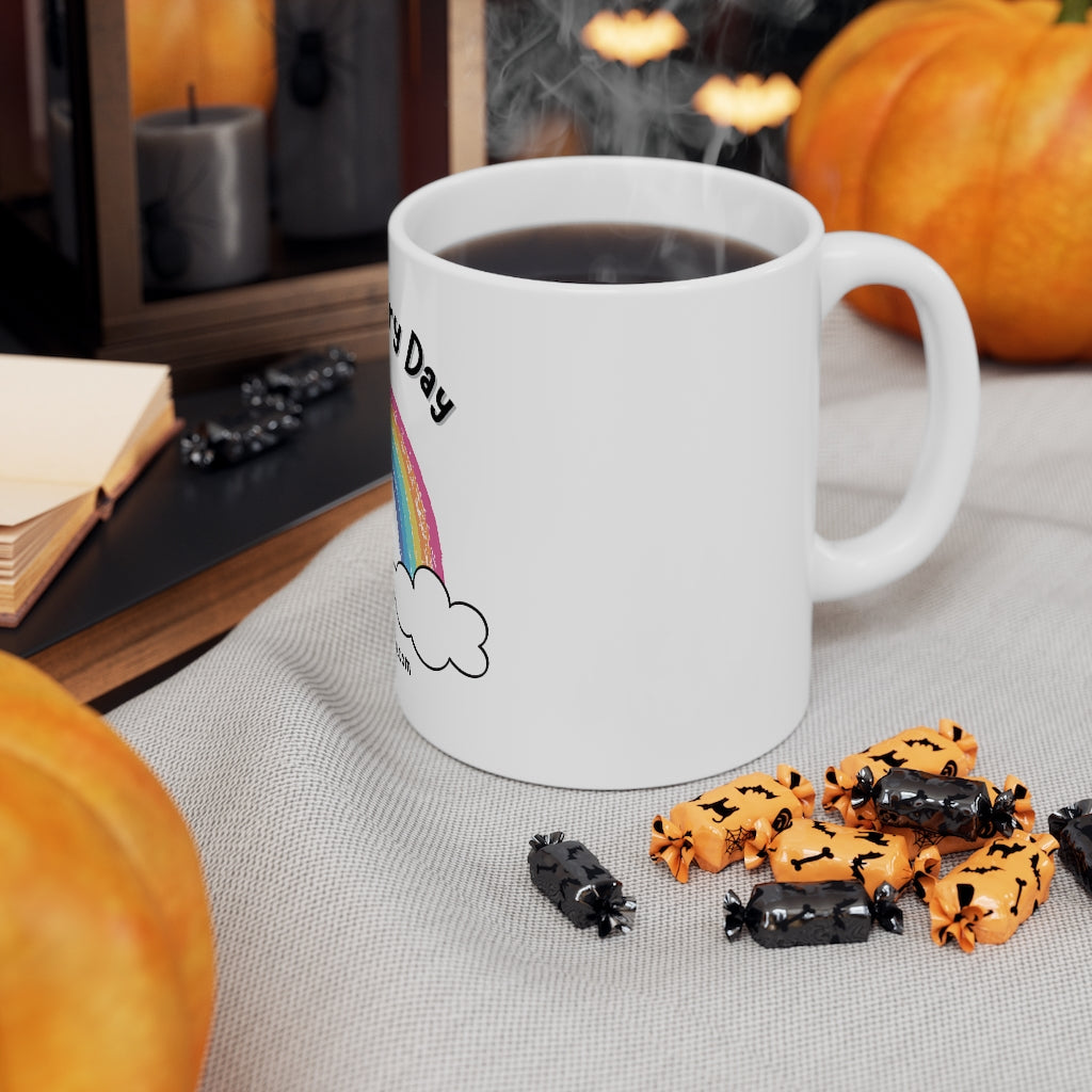create everyday coffee mug filled with coffee with Halloween background